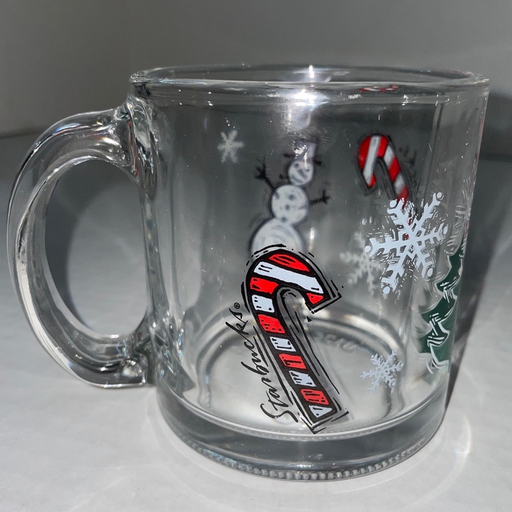 Vintage Starbucks Glass Christmas Mug Tree Snowman Candy Cane 1990s Made In USA